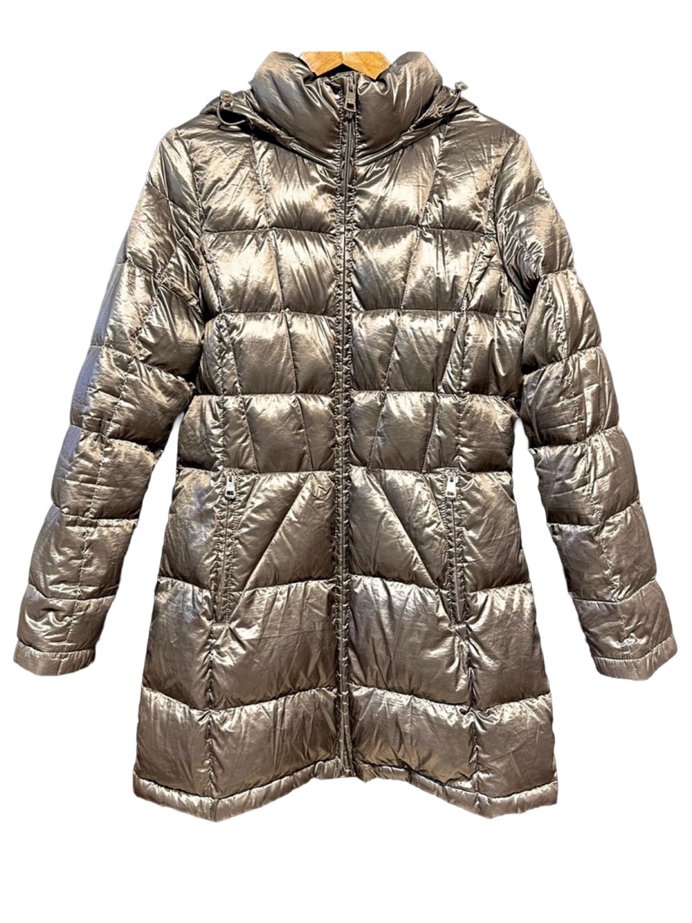 ANDREW MARC Metallic Silver Down Puffer Hooded Winter Coat